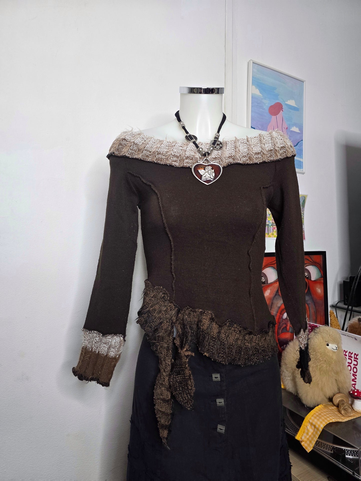 Y2k vintage fairy asymmetric off shoulder sweater