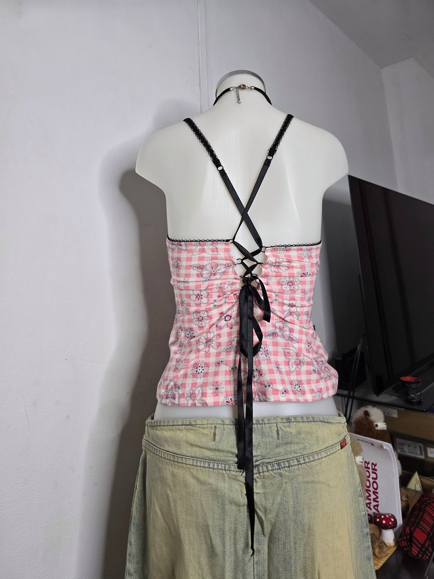 Y2k vintage dark coquette plaid lace up backless top