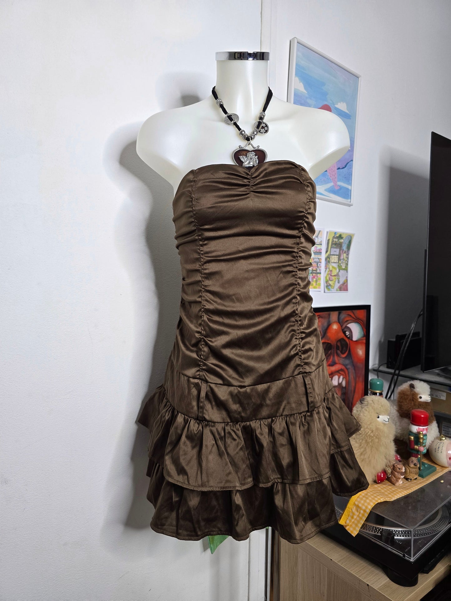 Y2k vintage flirty strapless ruffled satin dress