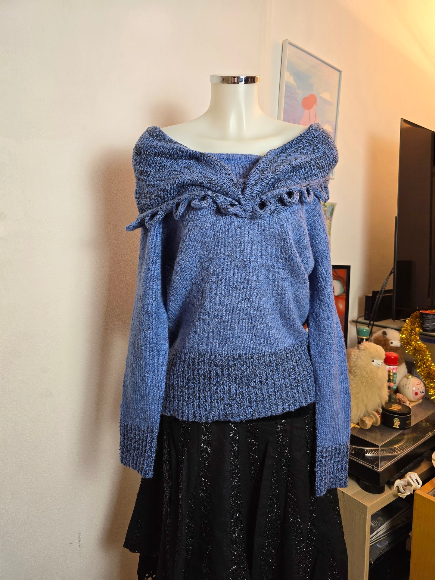 Y2k vintage coquette off shoulder blue sweater
