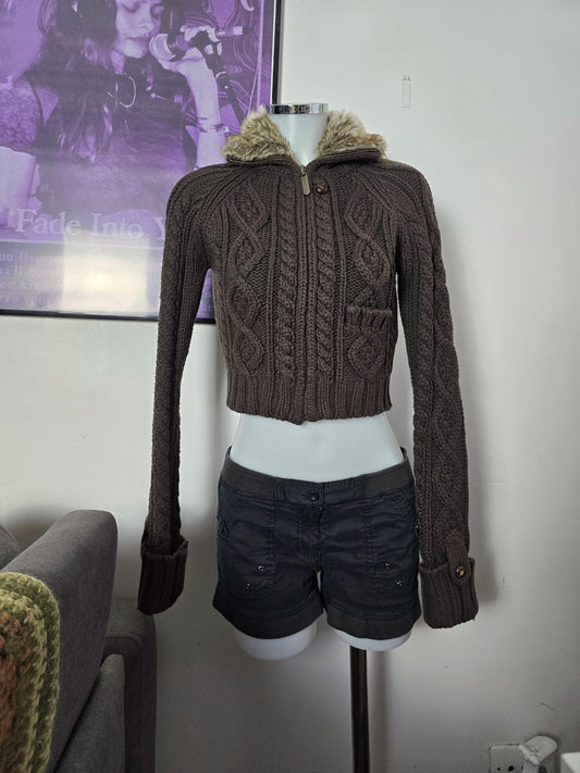 00s vintage coquette ribbed faux fur zip sweater