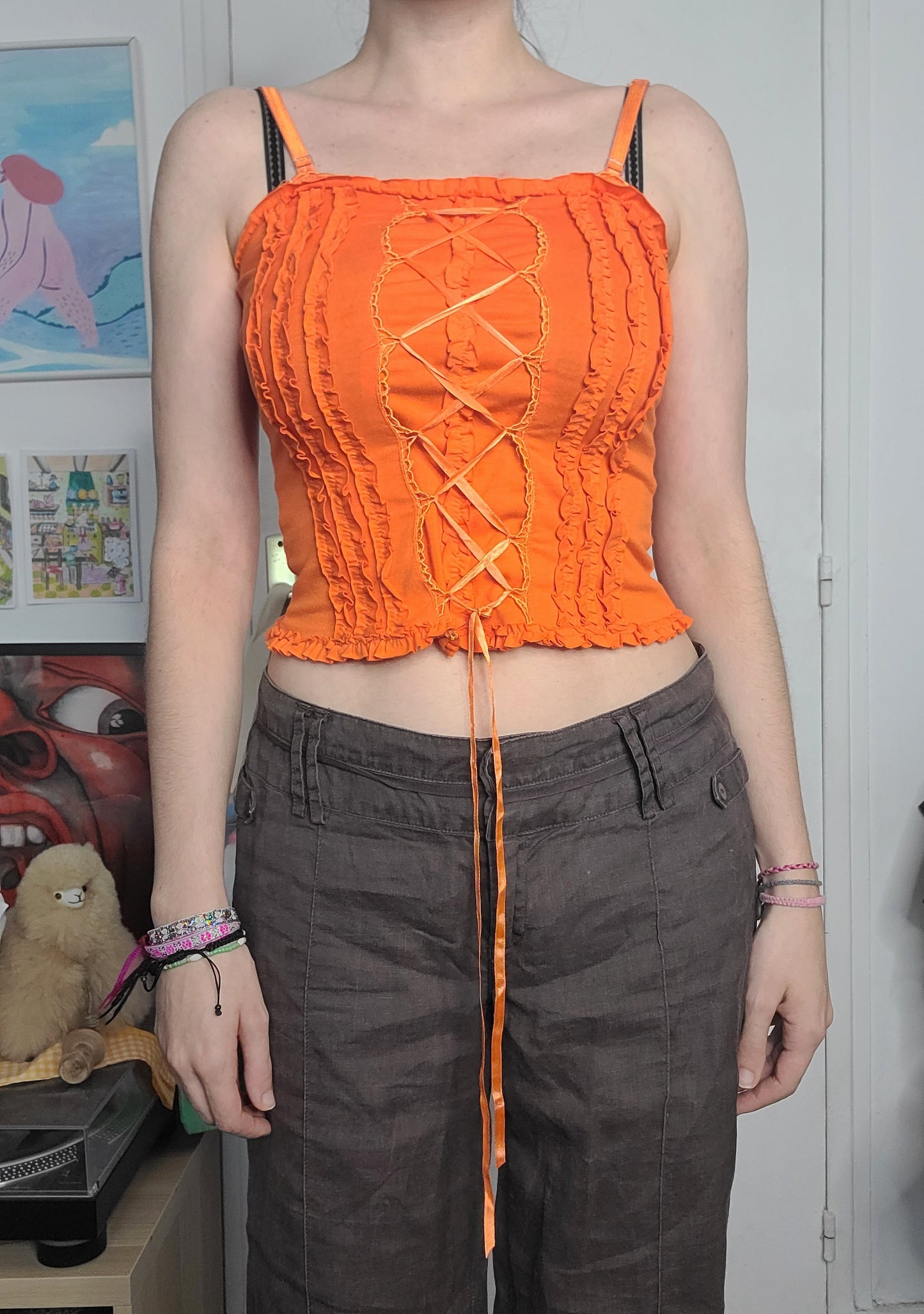 Y2k vintage flirty ruffled lace up top