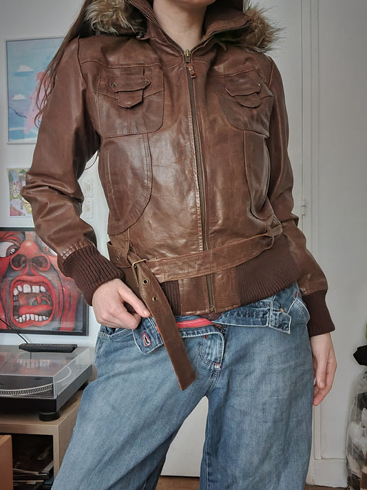 Grunge 90s y2k jacket brown faux fur biker