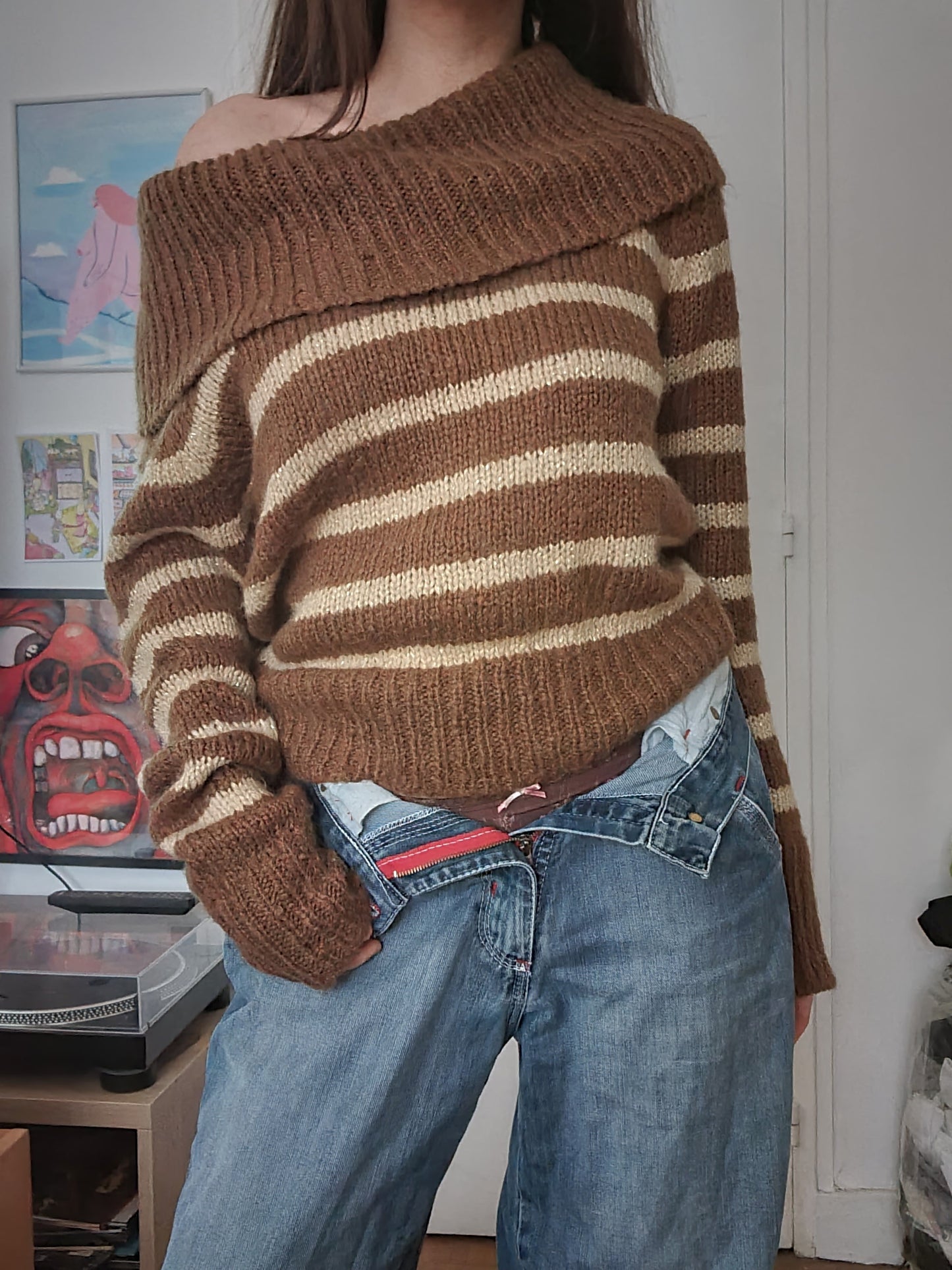 Y2k stripes brown off-shoulder sweater - zimfriperie