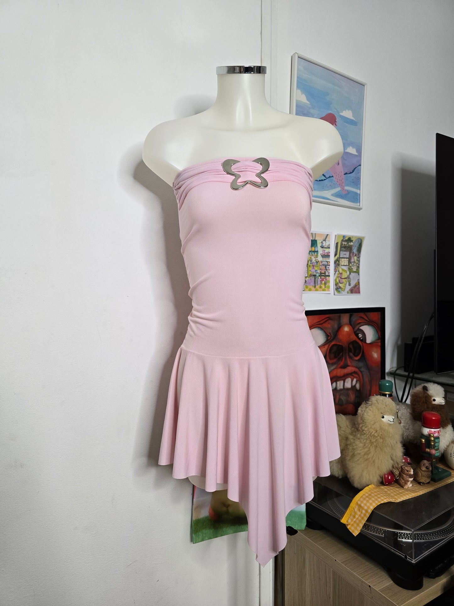 Y2k vintage flirty strapless ruffled dress