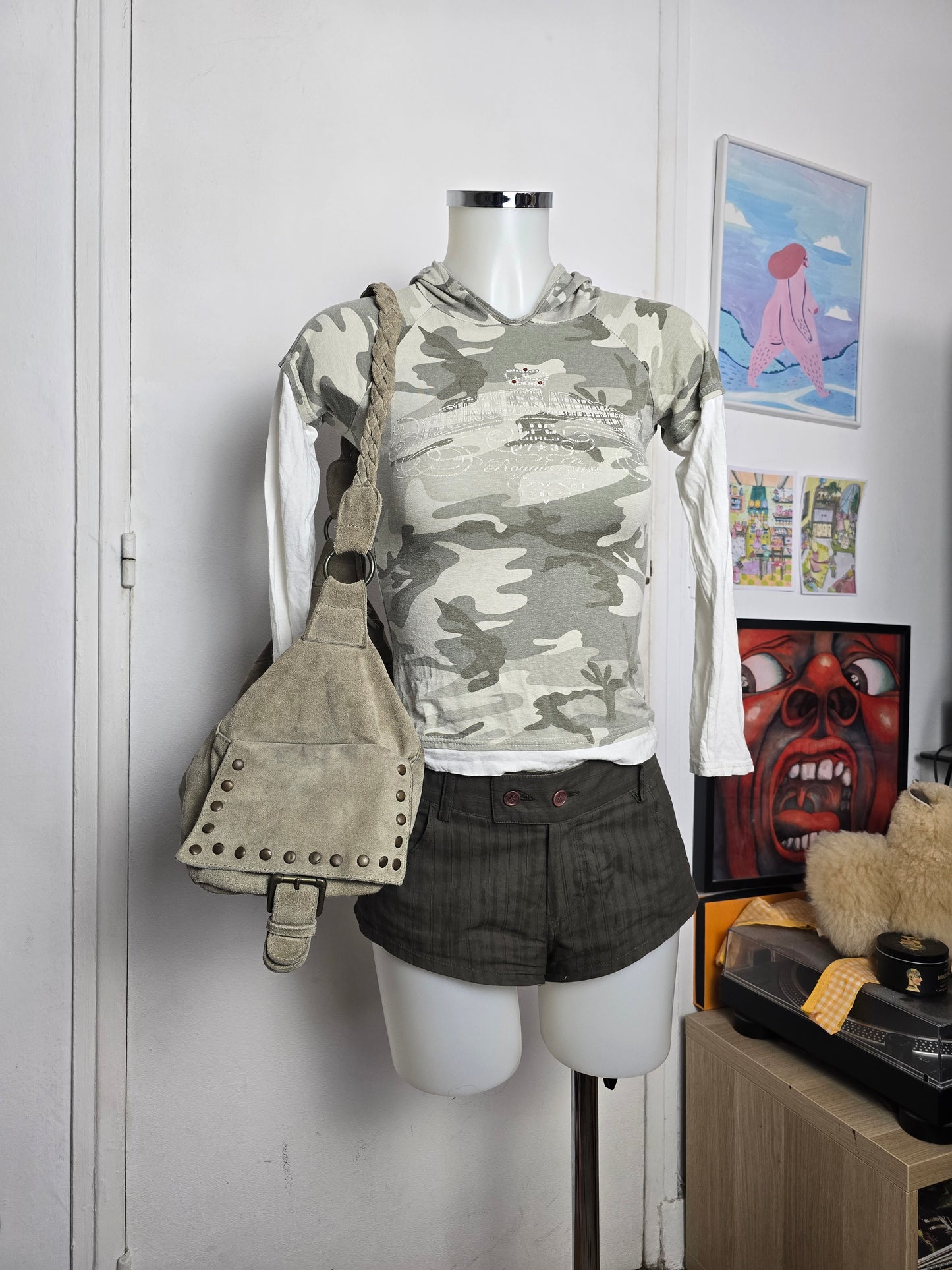 Y2k vintage mcbling military rhinestone top