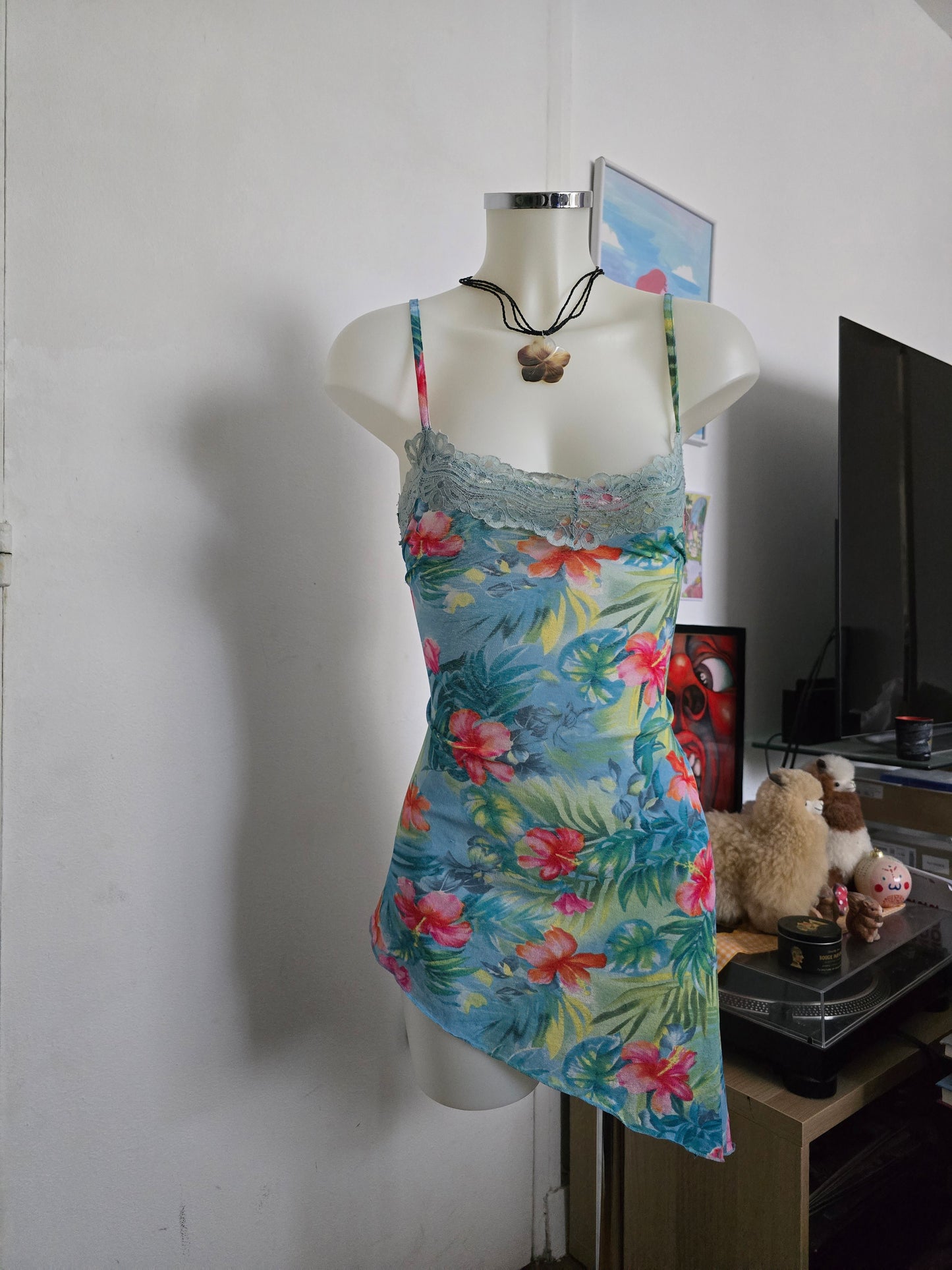 Y2k vintage beachwear hibiscus asymmetric dress