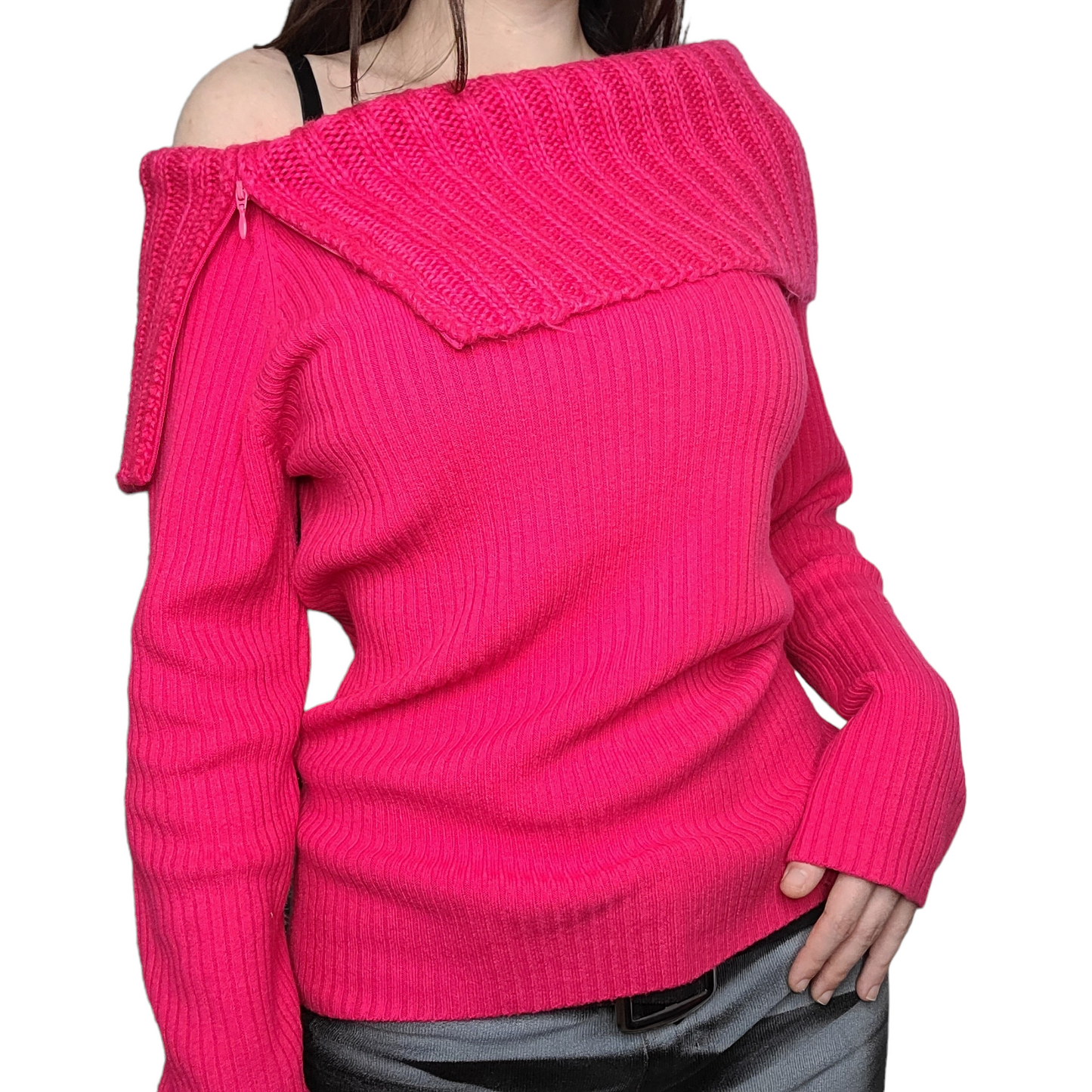 Y2k pink ribbed off-shoulder sweater