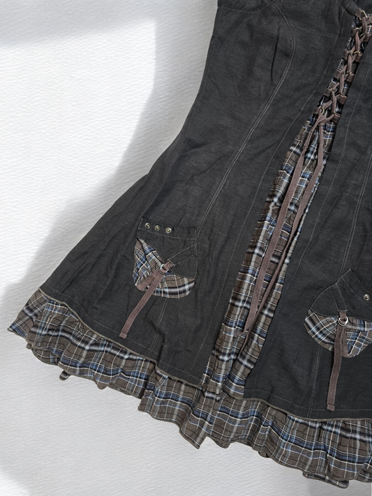 90s vintage flirty plaid ruffled lace up dress