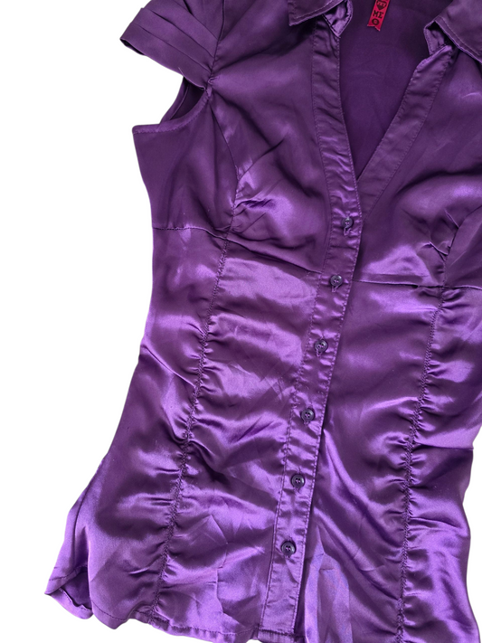 90s vintage flirty office satin fitted button down blouse