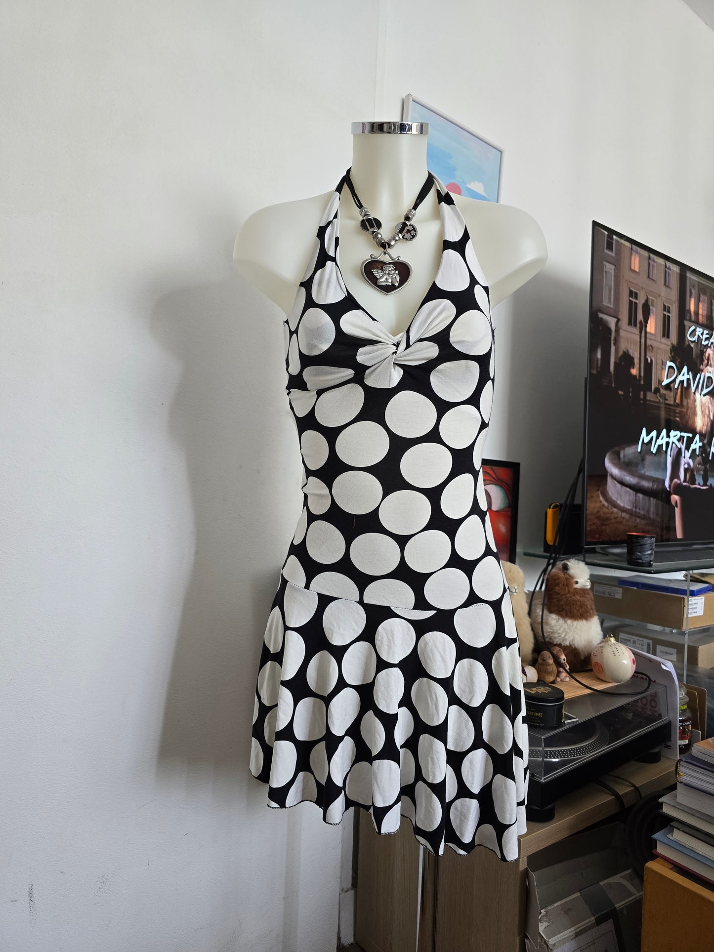 00s vintage asymmetric polka dots dress