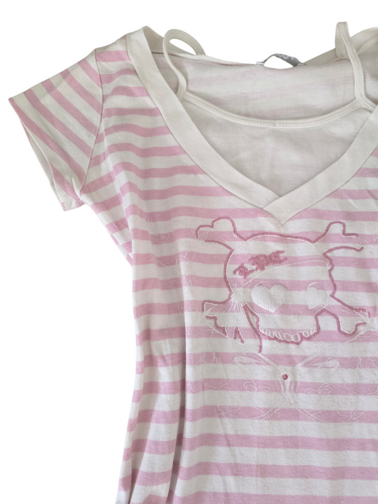 00s vintage emo pink striped skull top