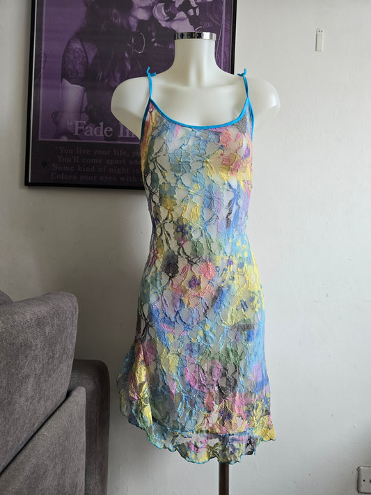 2000s vintage fairy lace colorfull ruffled asymetric dress
