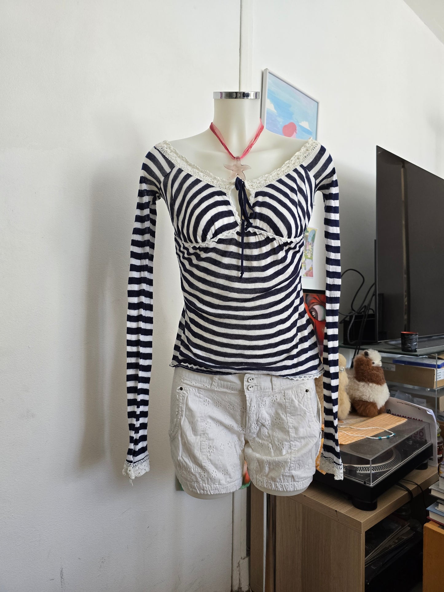90s vintage downtowngirl offshoulder stripes milkmaid top