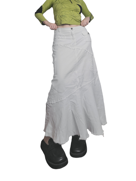 Long bohemian destroyed denim skirt