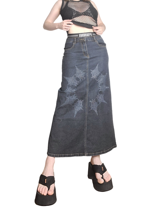 90s bohemian long denim skirt