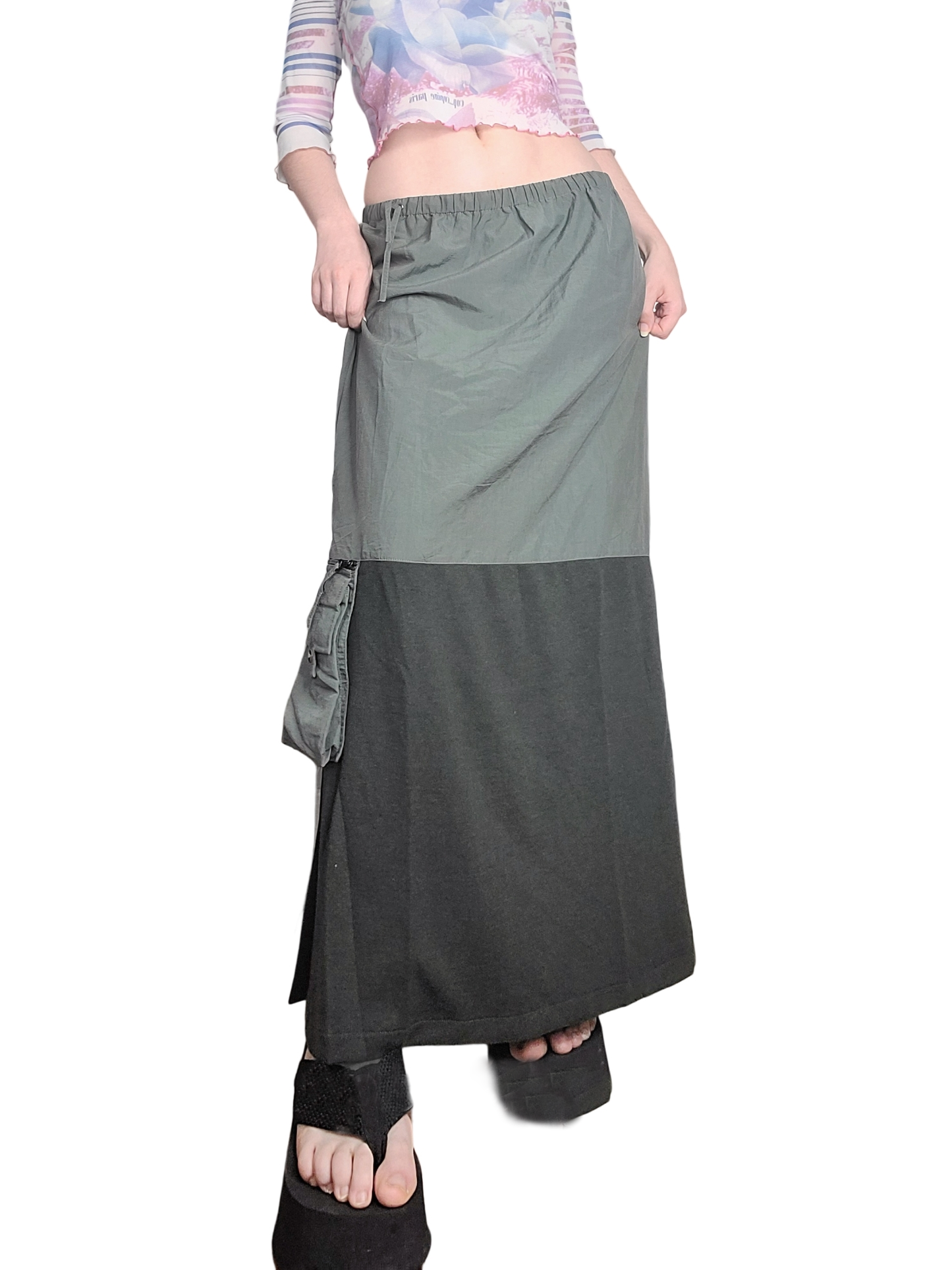 Long khaki gorpcore skirt in two materials