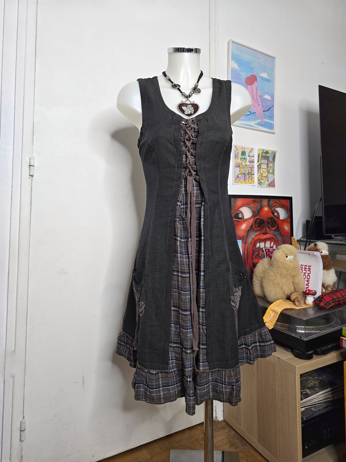 90s vintage coquette plaid ruffled lace up dress