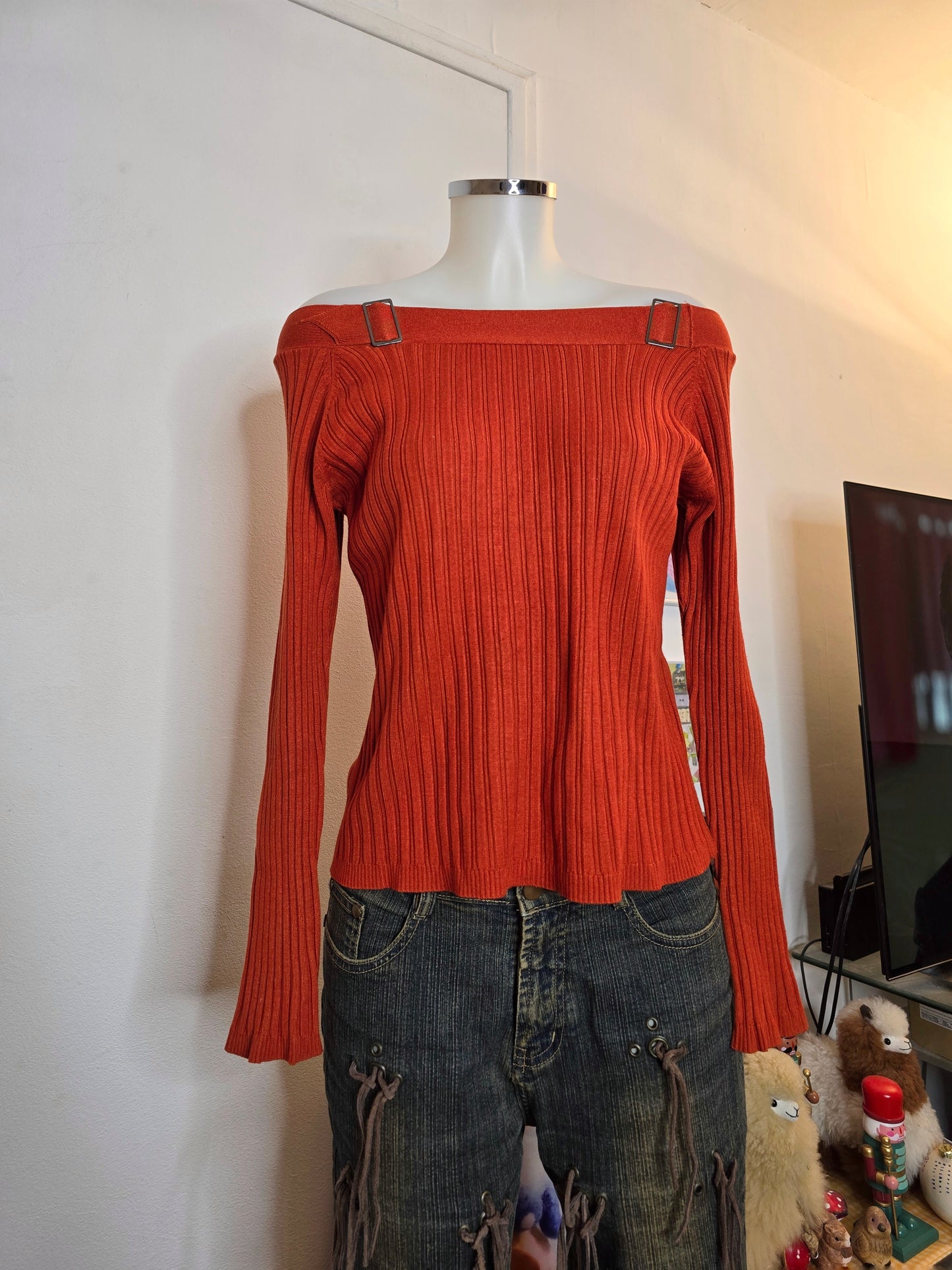 Y2k vintage ribbed off shoulder sweater