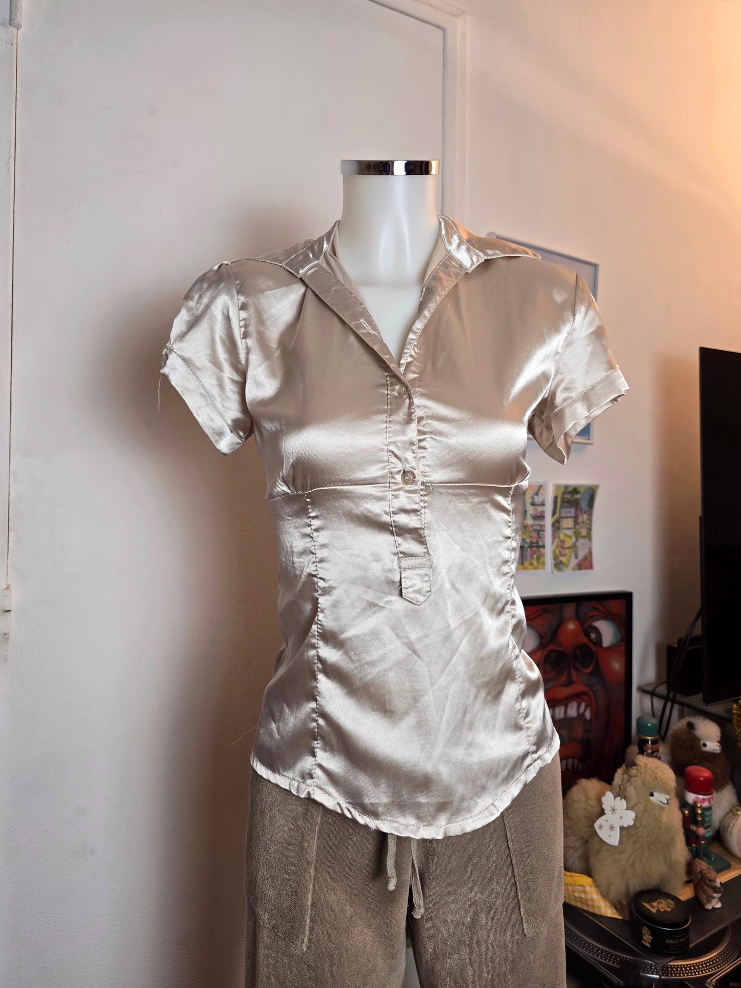 00s vintage coquette office satin shirt top