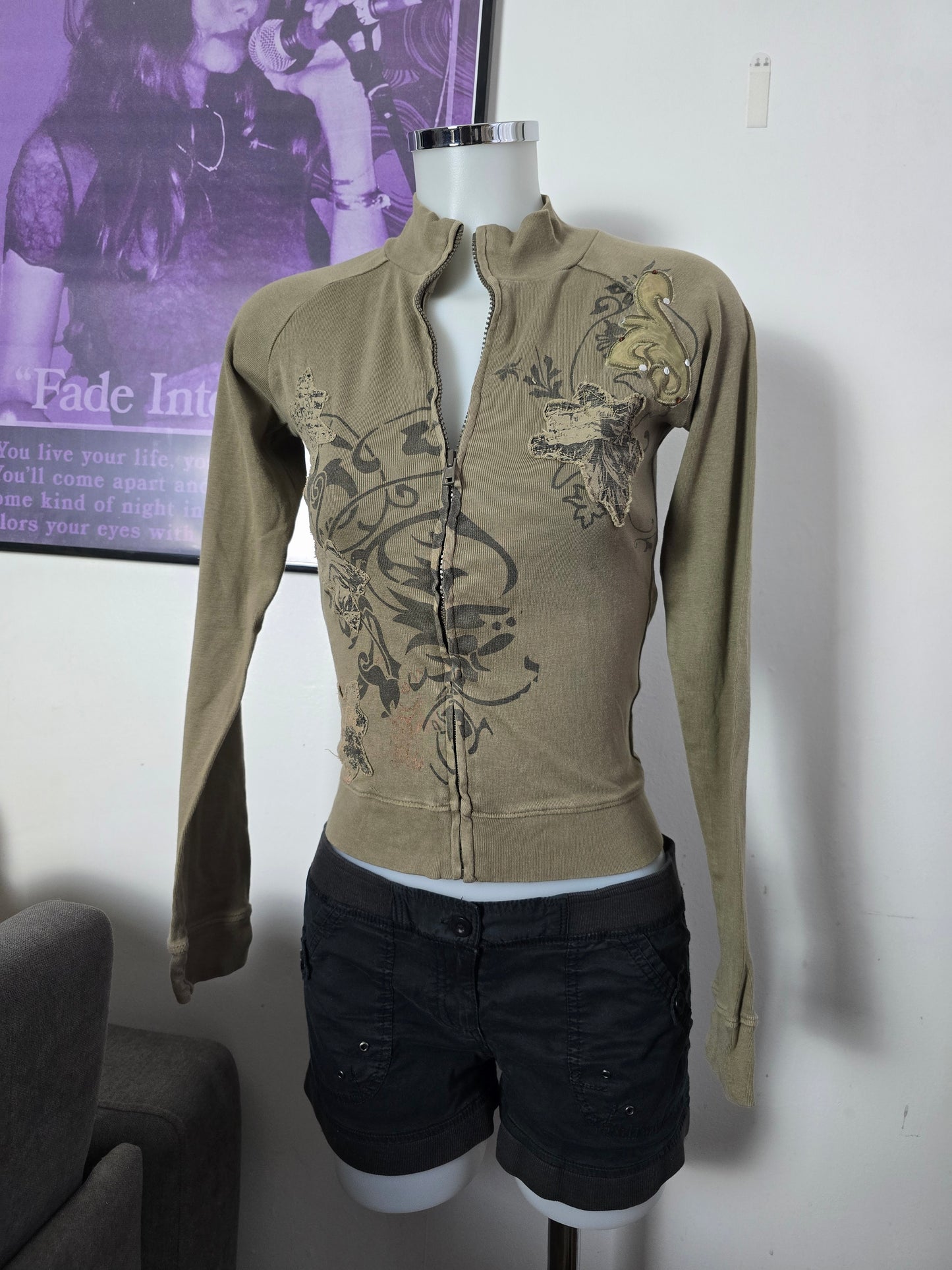 00s vintage softgrunge rhinestone fitted zip sweater