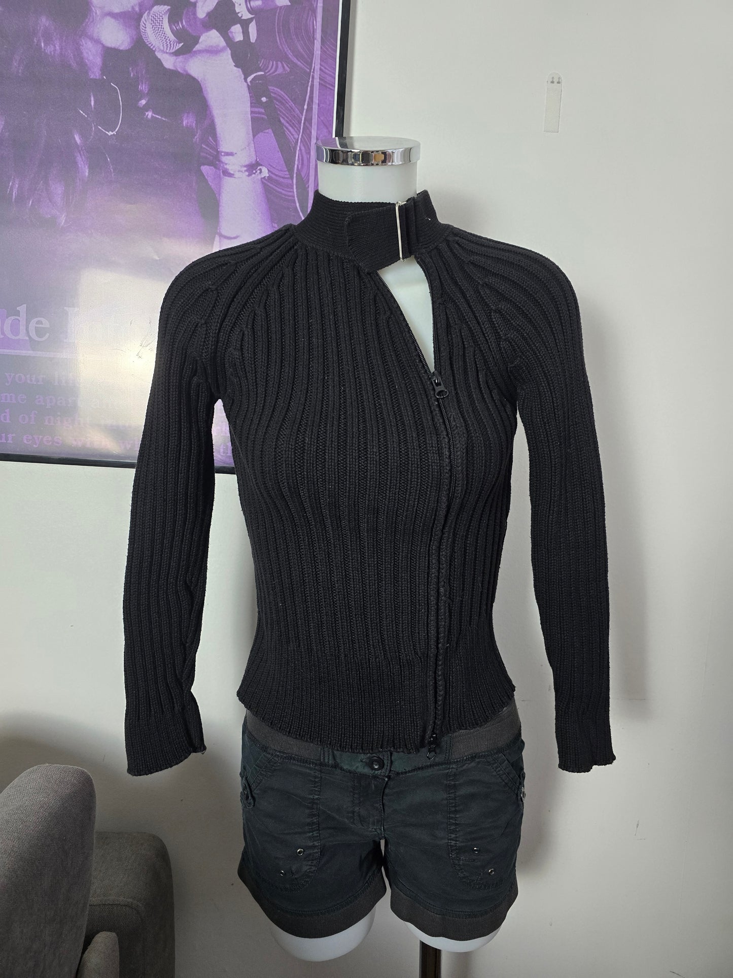 Y2k vintage softgrunge ribbed asymetric zip sweater