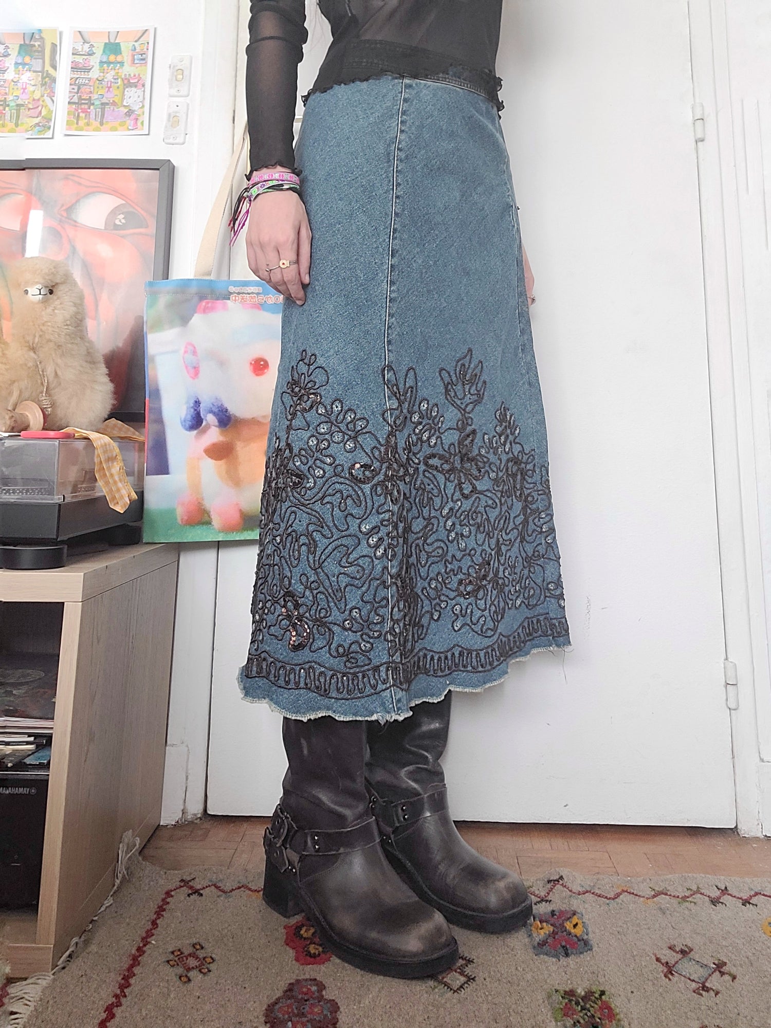 90s y2k vintage fairycore fairygrunge pearl denim maxi skirt archive 