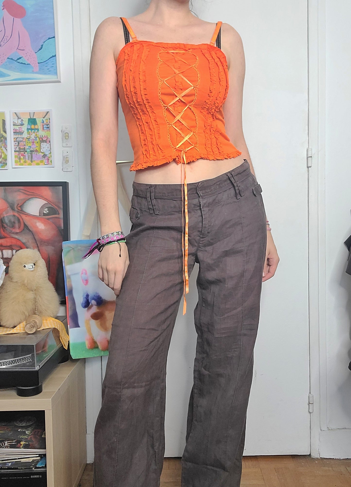 Y2k vintage flirty ruffled lace up top