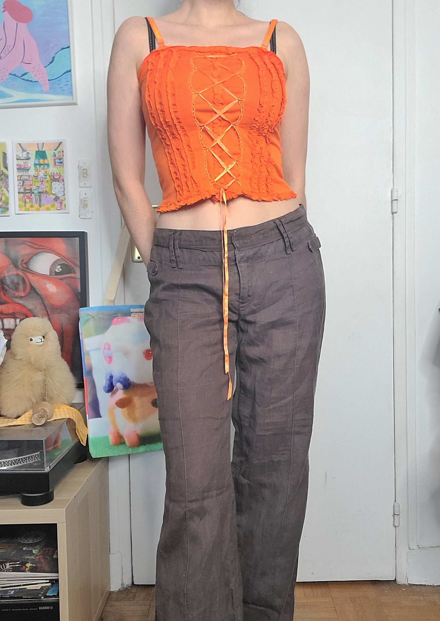 Y2k vintage flirty ruffled lace up top