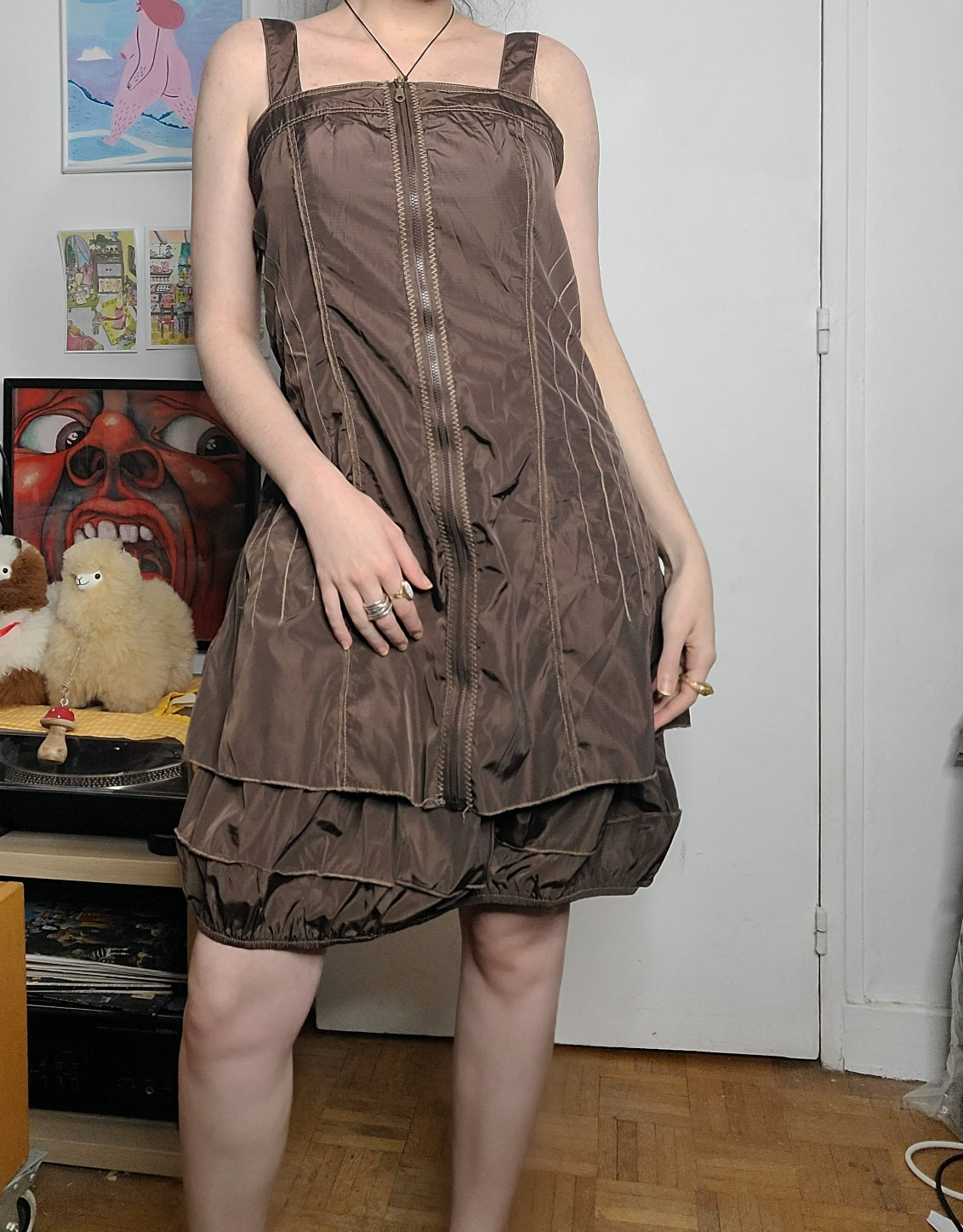 Y2k cybery2k acubi downtown postapo dystopian puff Brown dress