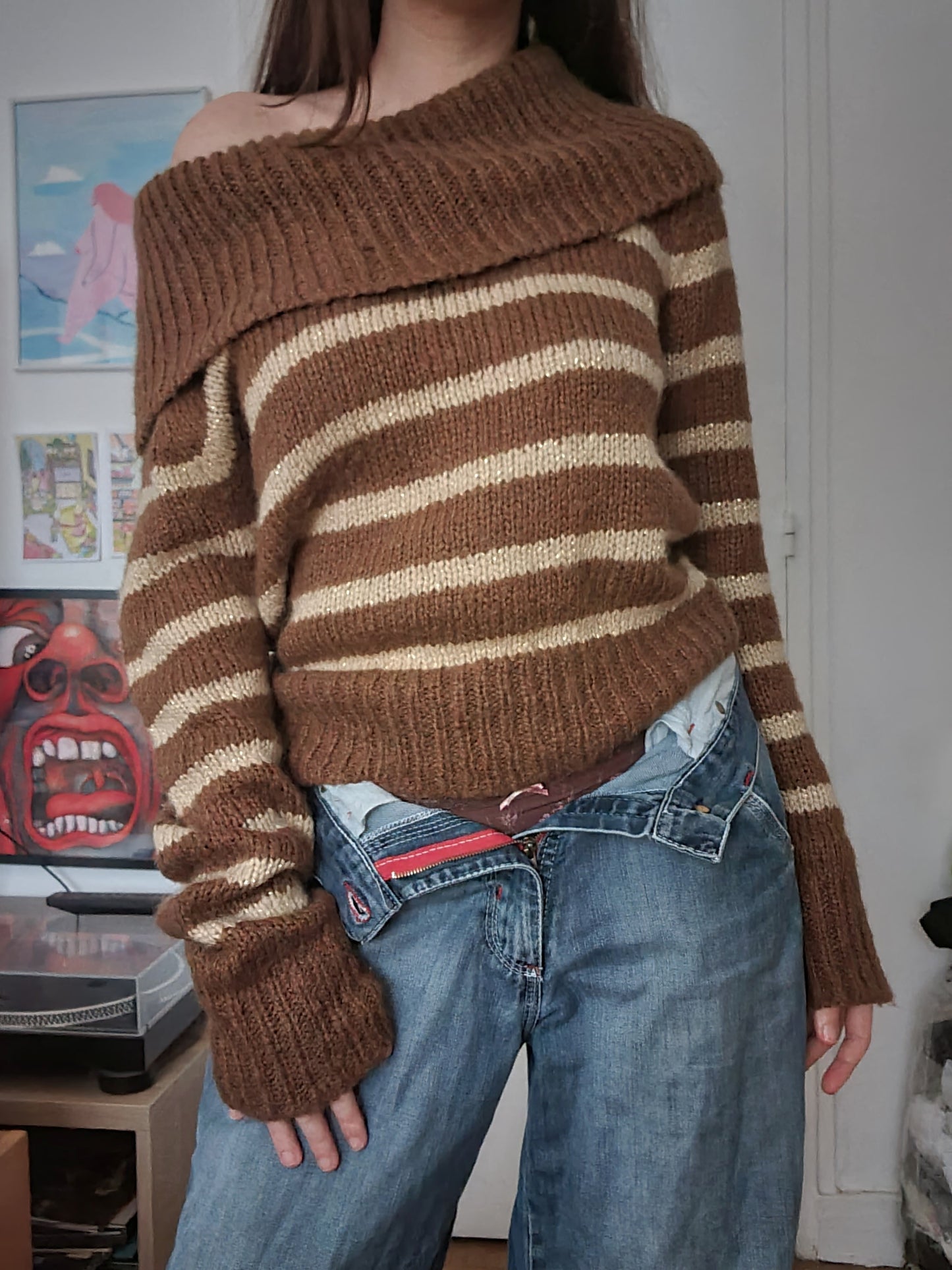 Y2k stripes brown off-shoulder sweater