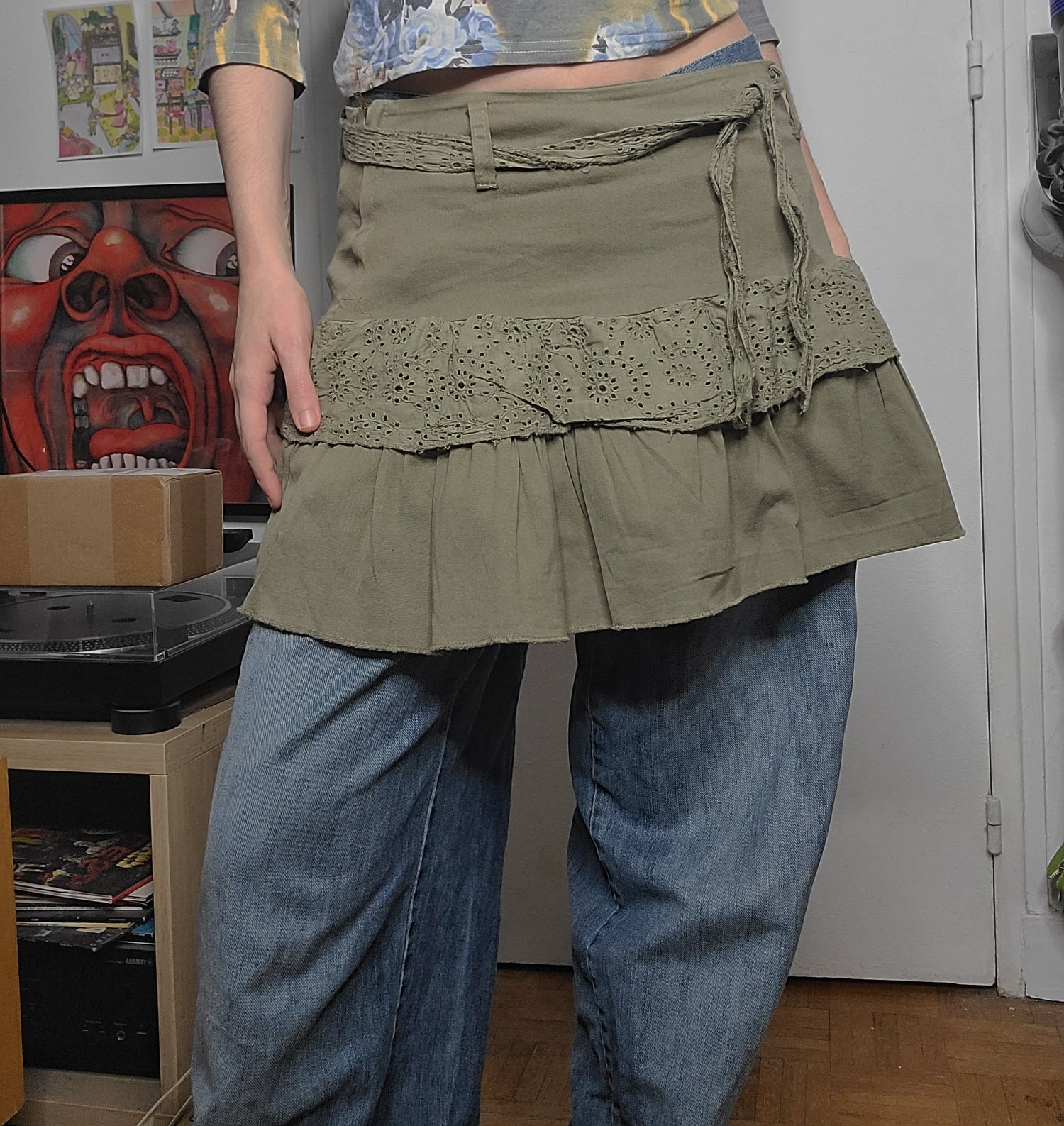 Y2k vintage coquette downtown fairy ruffled khaki skirt