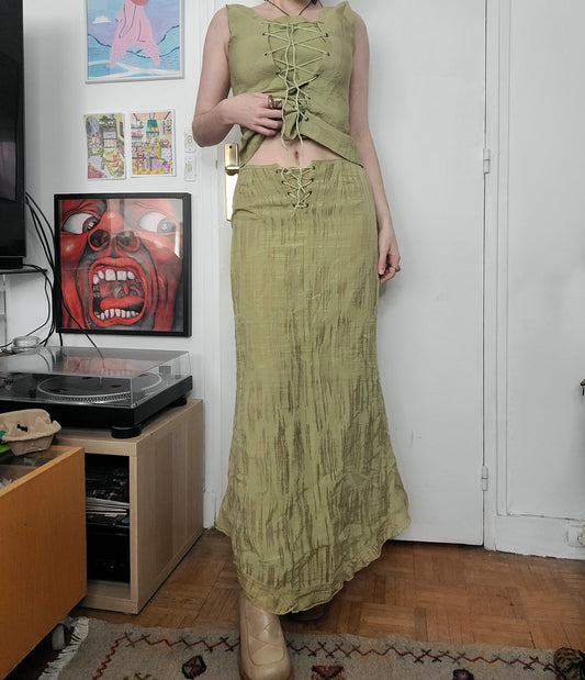 Fairycore set y2k vintage 2000 skirt Green lace up top corset