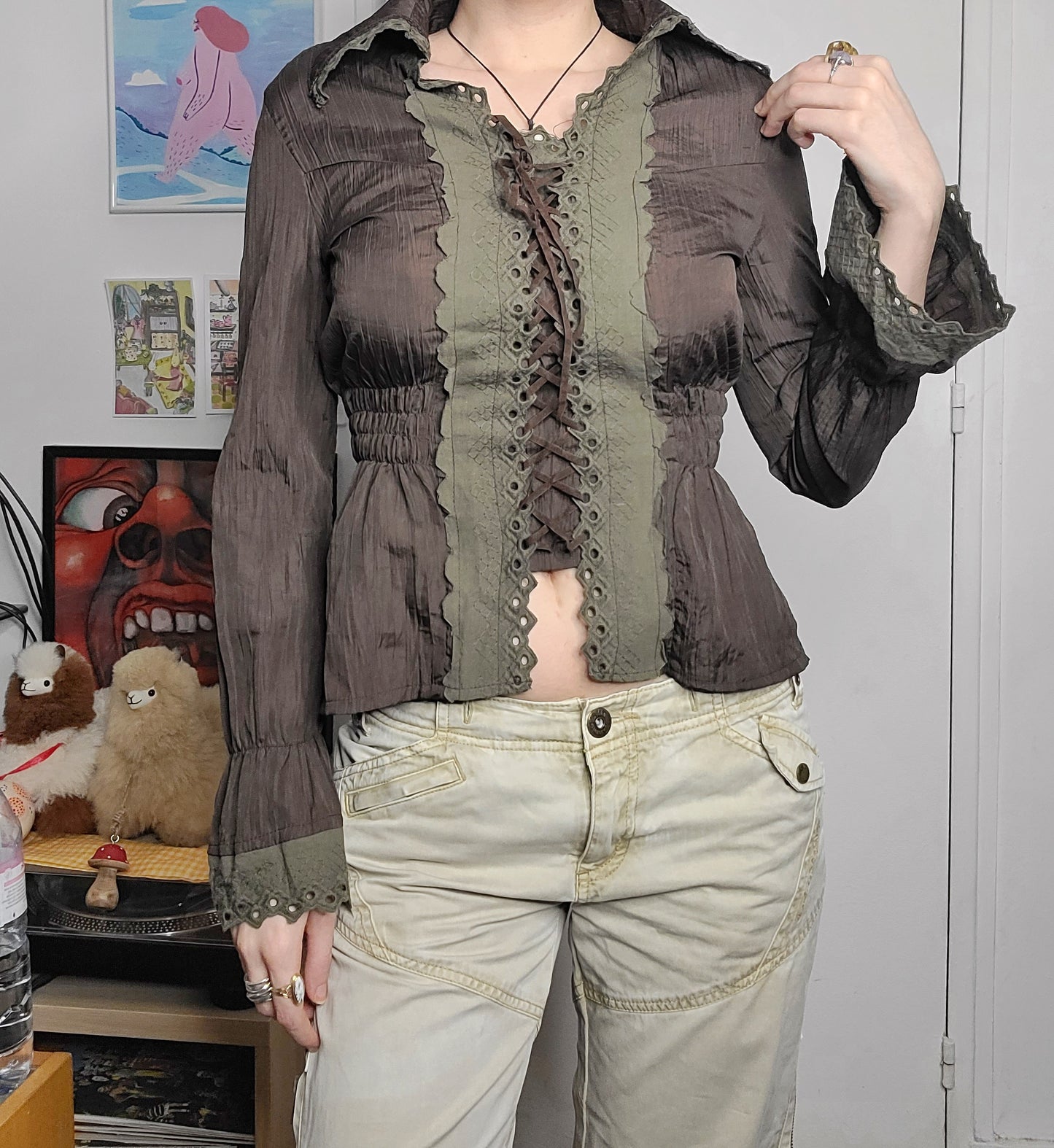 Fairygrunge y2k vintage fairy brown green lace up shirt top 