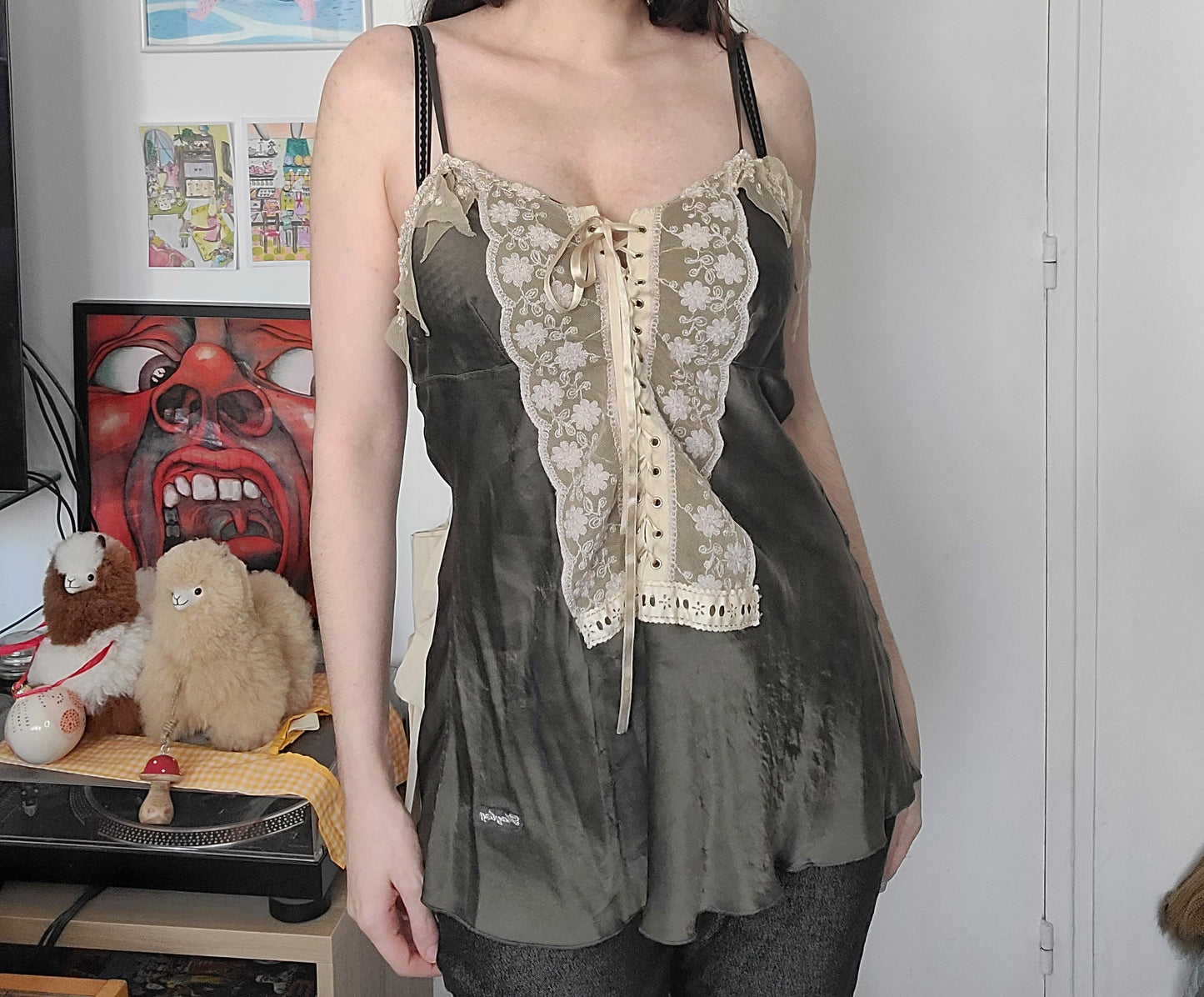 Y2k Playboy khaki lace top