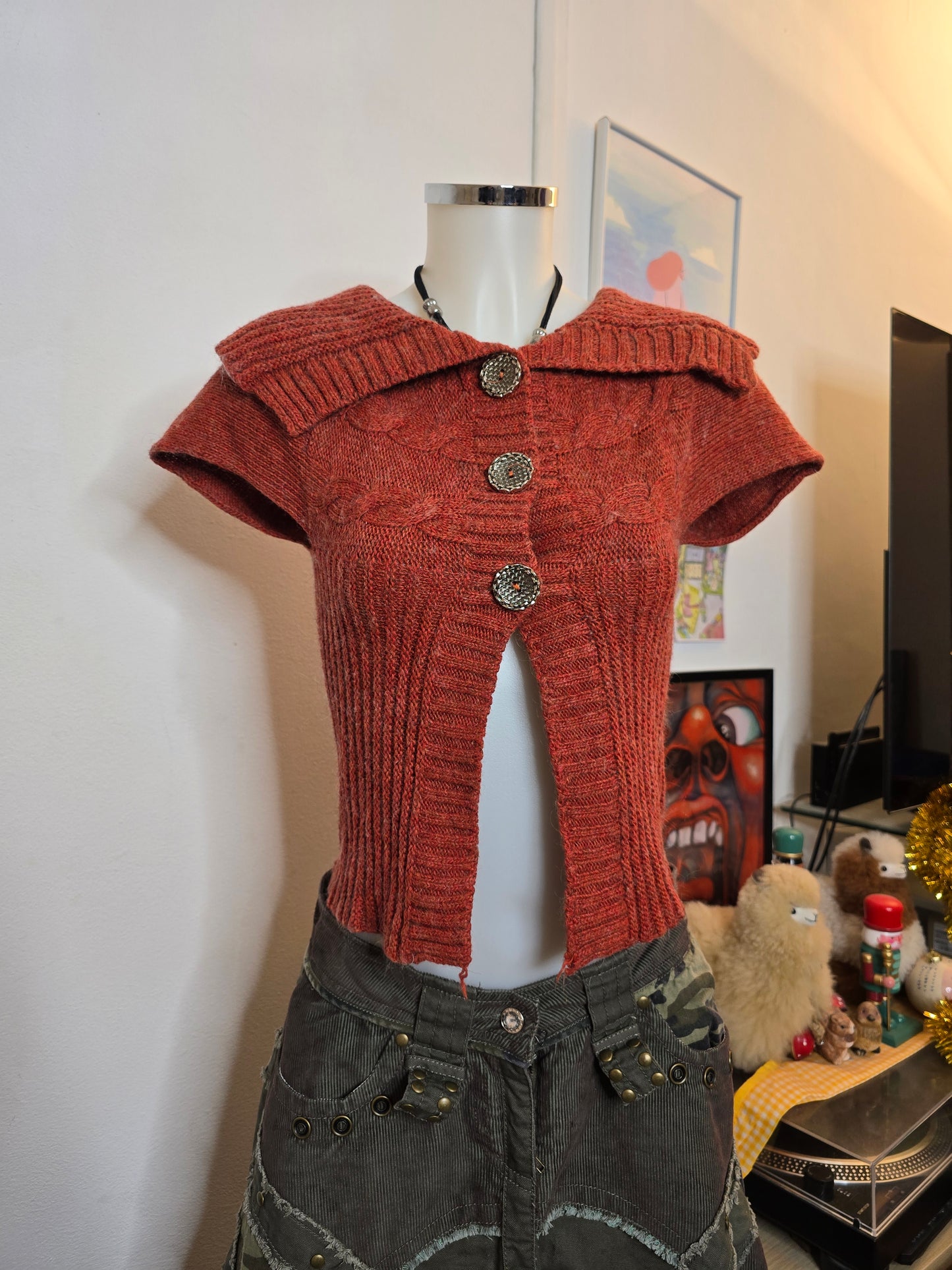 Y2k vintage coquette downtown ribbed red cardigan