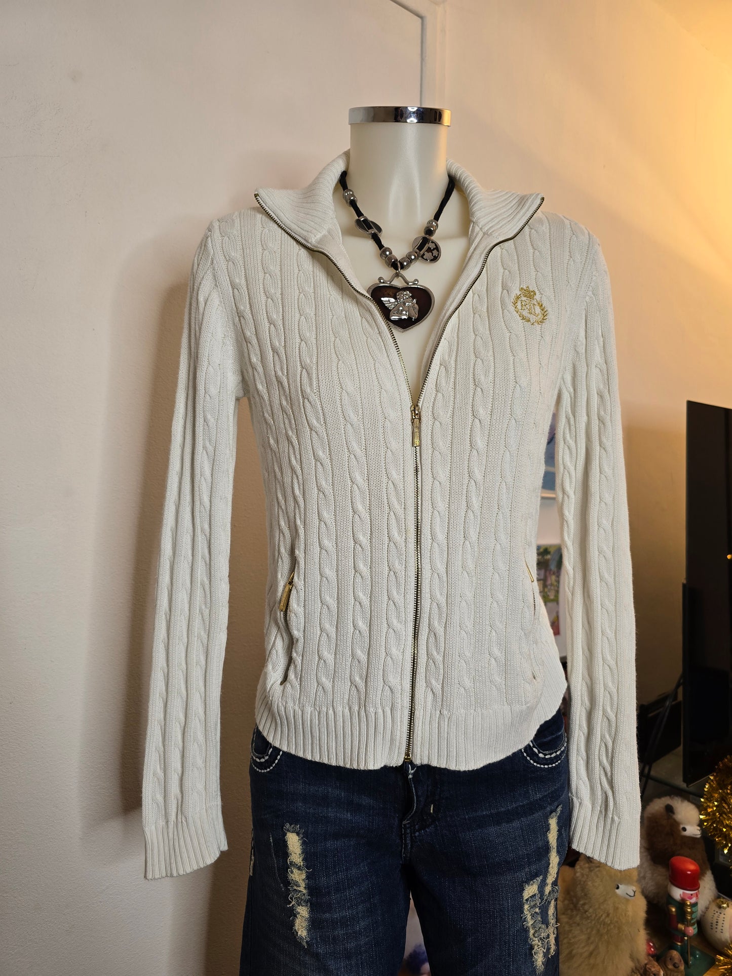 Old money Ralph Lauren ribbed zip white sweater