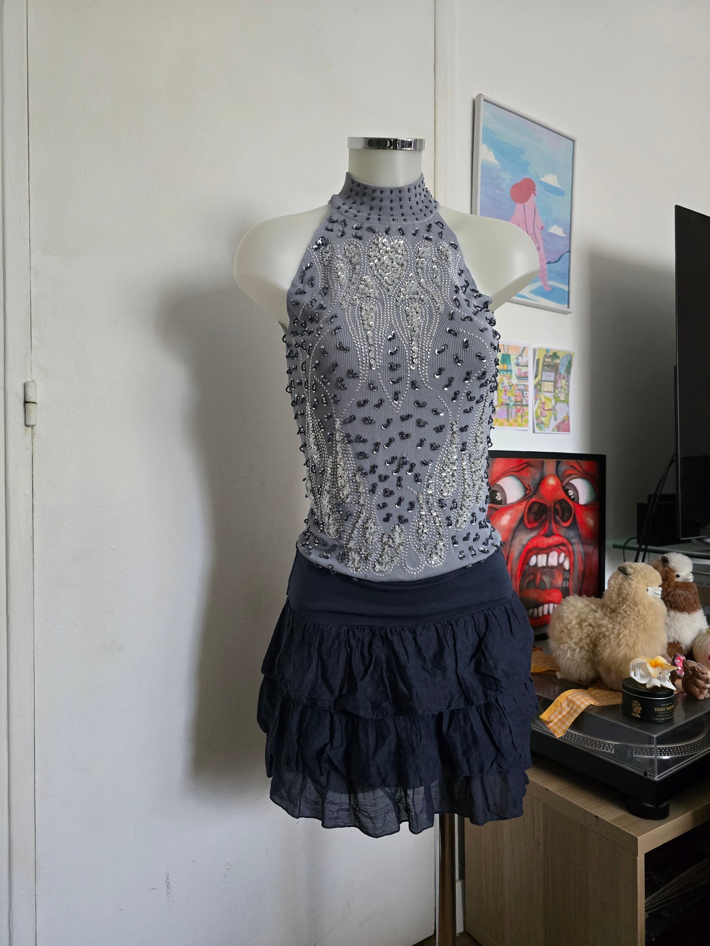 Y2k vintage indie sleaze off shoulder sequin top