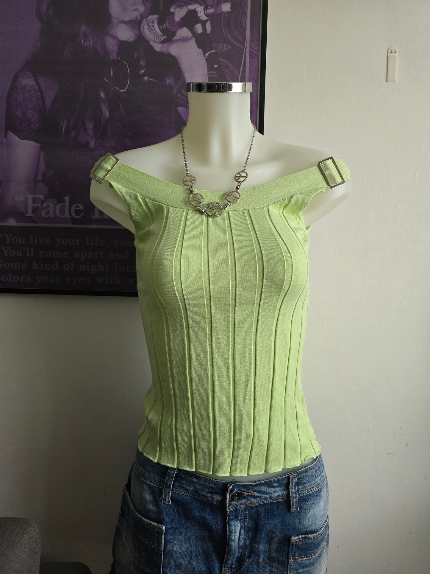 00s vintage green ribbed fitted top