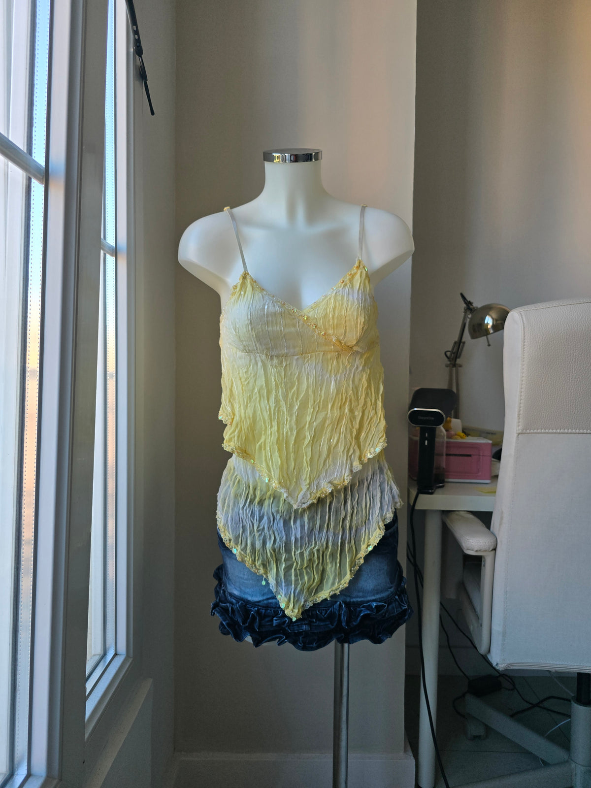 2000s vintage fairy sequins babydoll yellow top