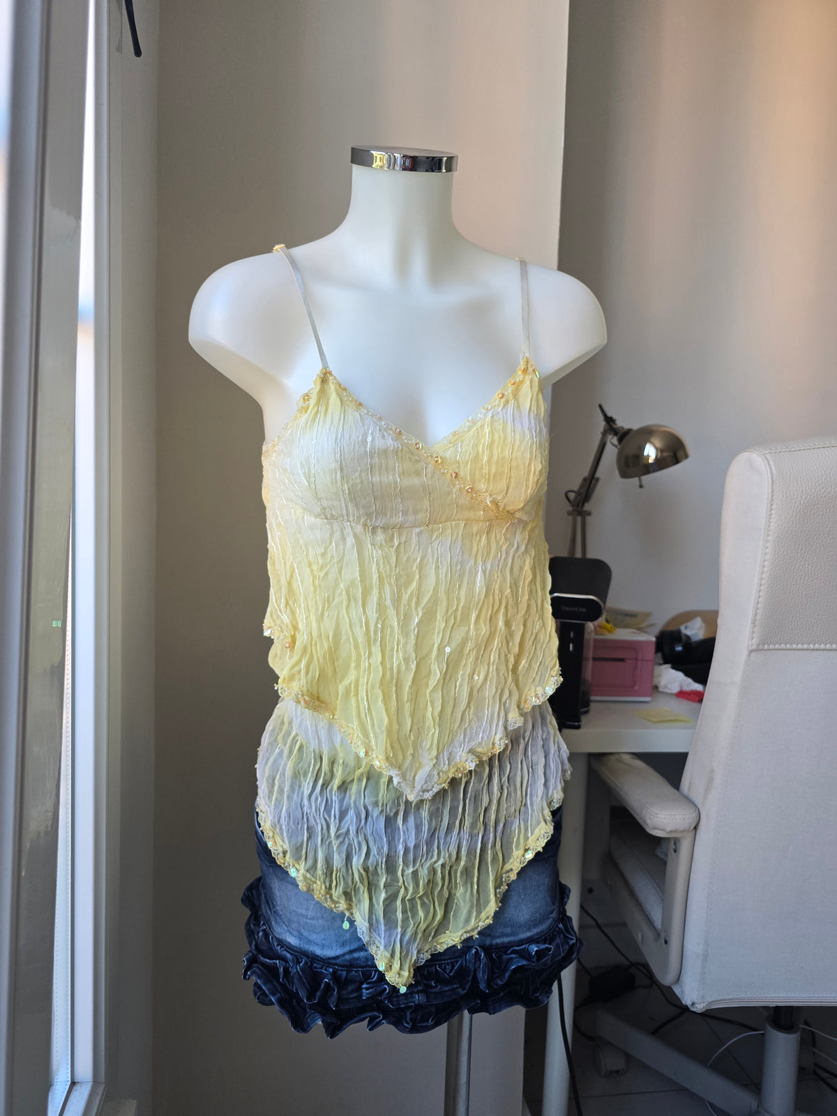 2000s vintage fairy sequins babydoll yellow top