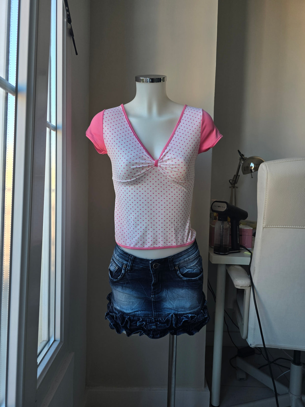 2000s vintage coquette polka dots pink top