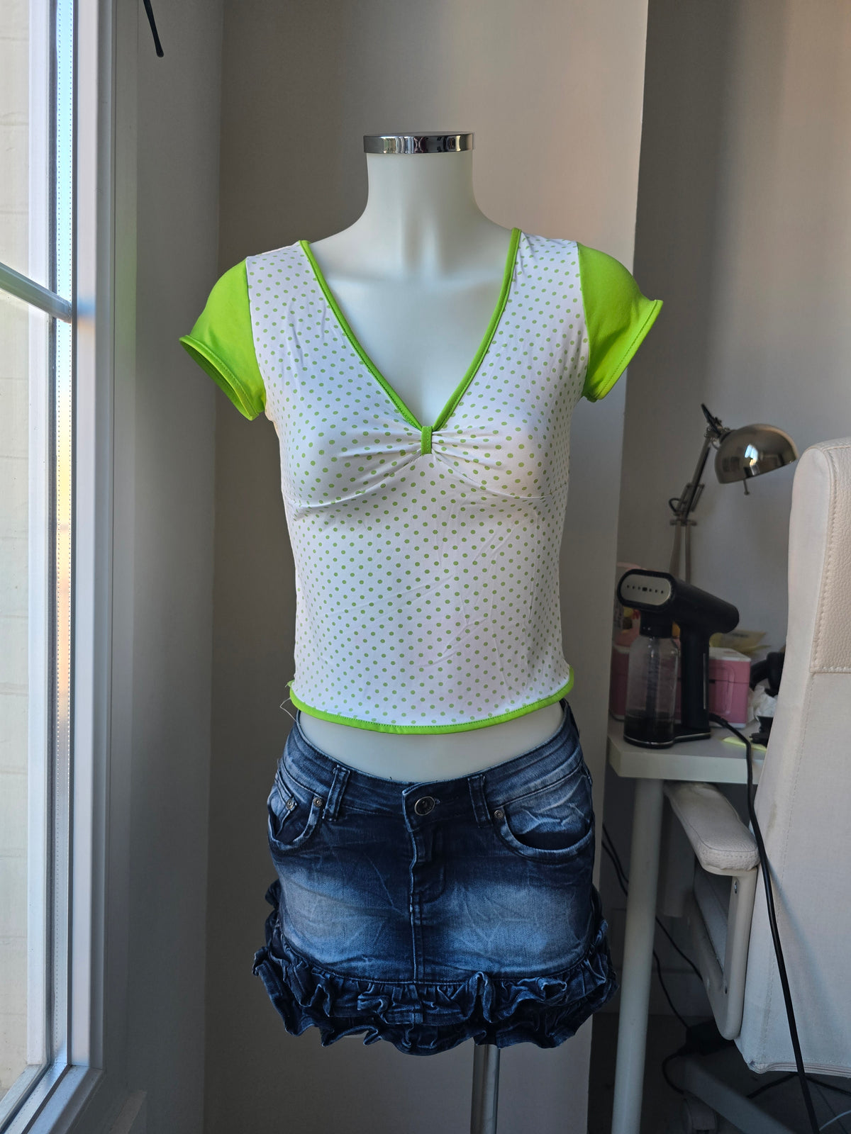 2000s vintage coquette polka dots green top