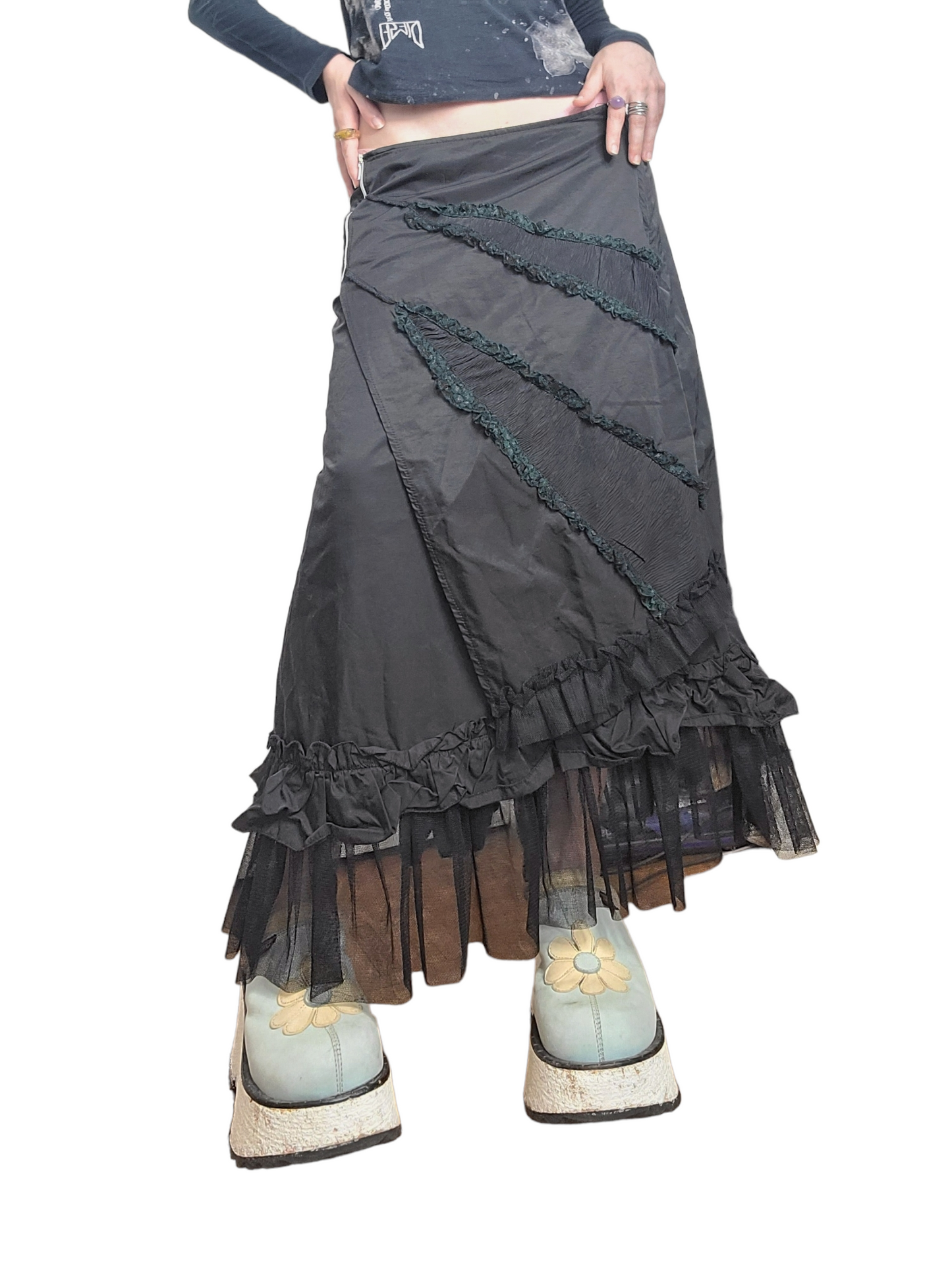Maxi skirt vintage y2k cyber futuristic jupe longue 2000s froncee noire fairycore fairygrunge punk post apo gothic fairy harajuku