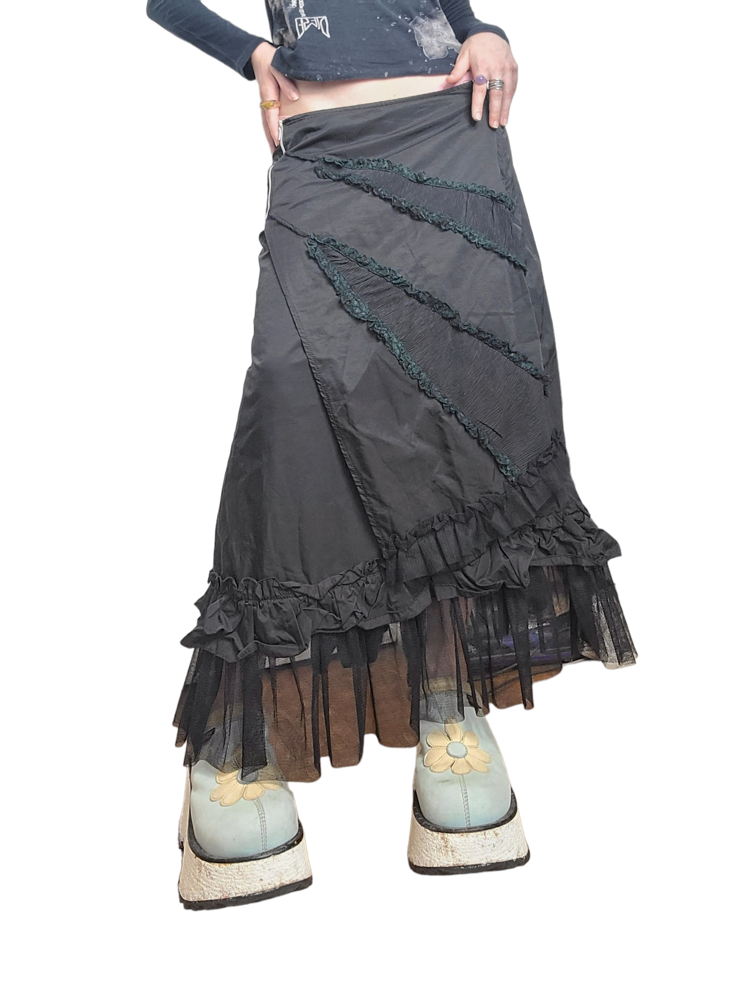 Maxi skirt vintage y2k cyber futuristic jupe longue 2000s froncee noire fairycore fairygrunge punk post apo gothic fairy harajuku