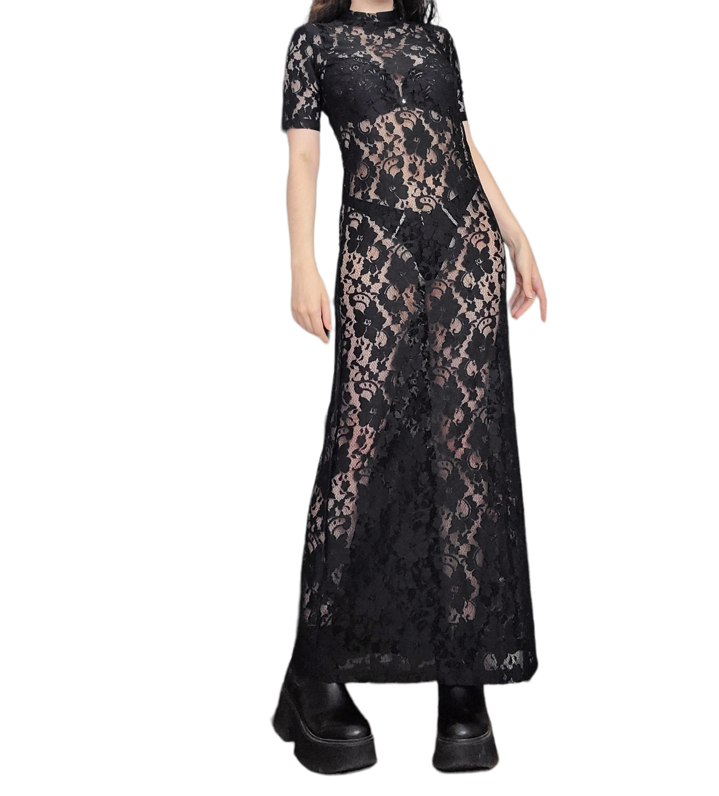 Robe longue vintage noire y2k dentelle transparente y2k bohem fleurs broderies fairycore boho cottage