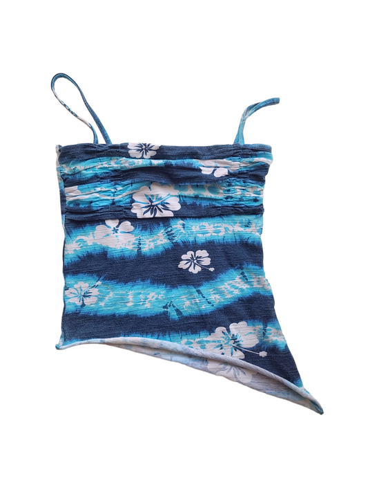 Beaxhwear hibiscus tieand dye asymetric printed blue top 90s vintage