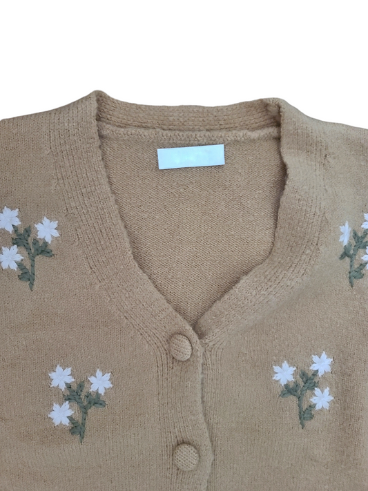 Vintage embroidered brown cottagecore cardigan with puff sleeves