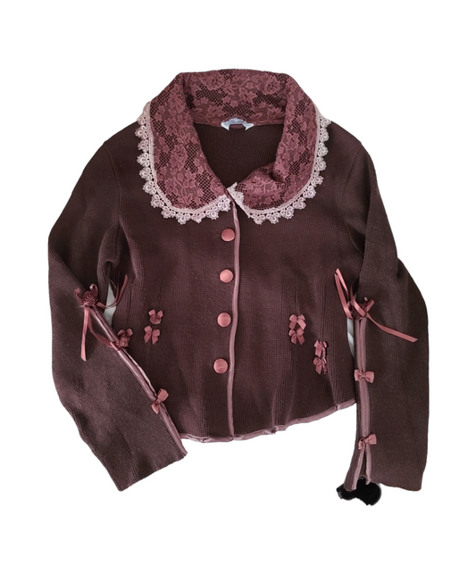 Cardigan brown downtown coquette cute kawaii ribbon