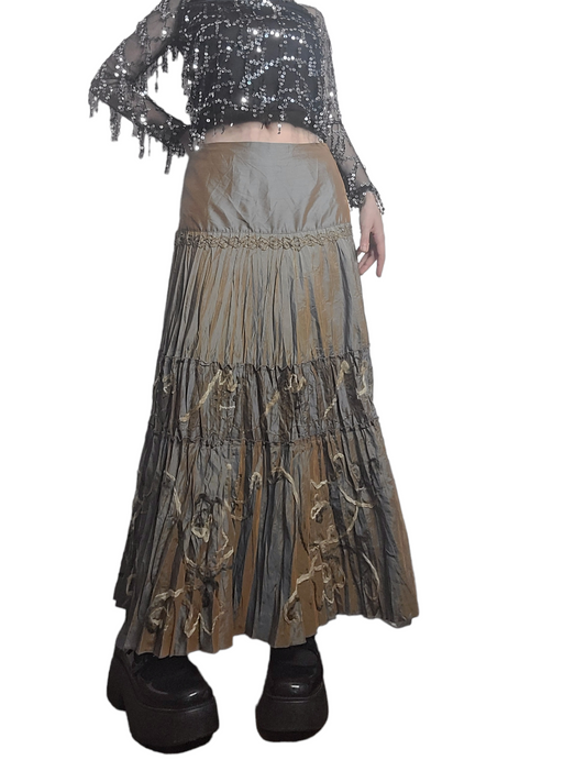 Kaki satin ruffled fairy maxi skirt romantic vintage 2000 y2k coquette 